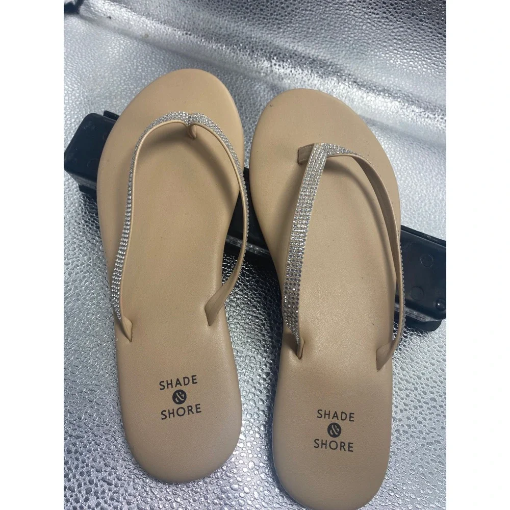 Shade & Shore Womens Rhinestone Flip Flop Sandals Tan Beige Sparkle Size 7
